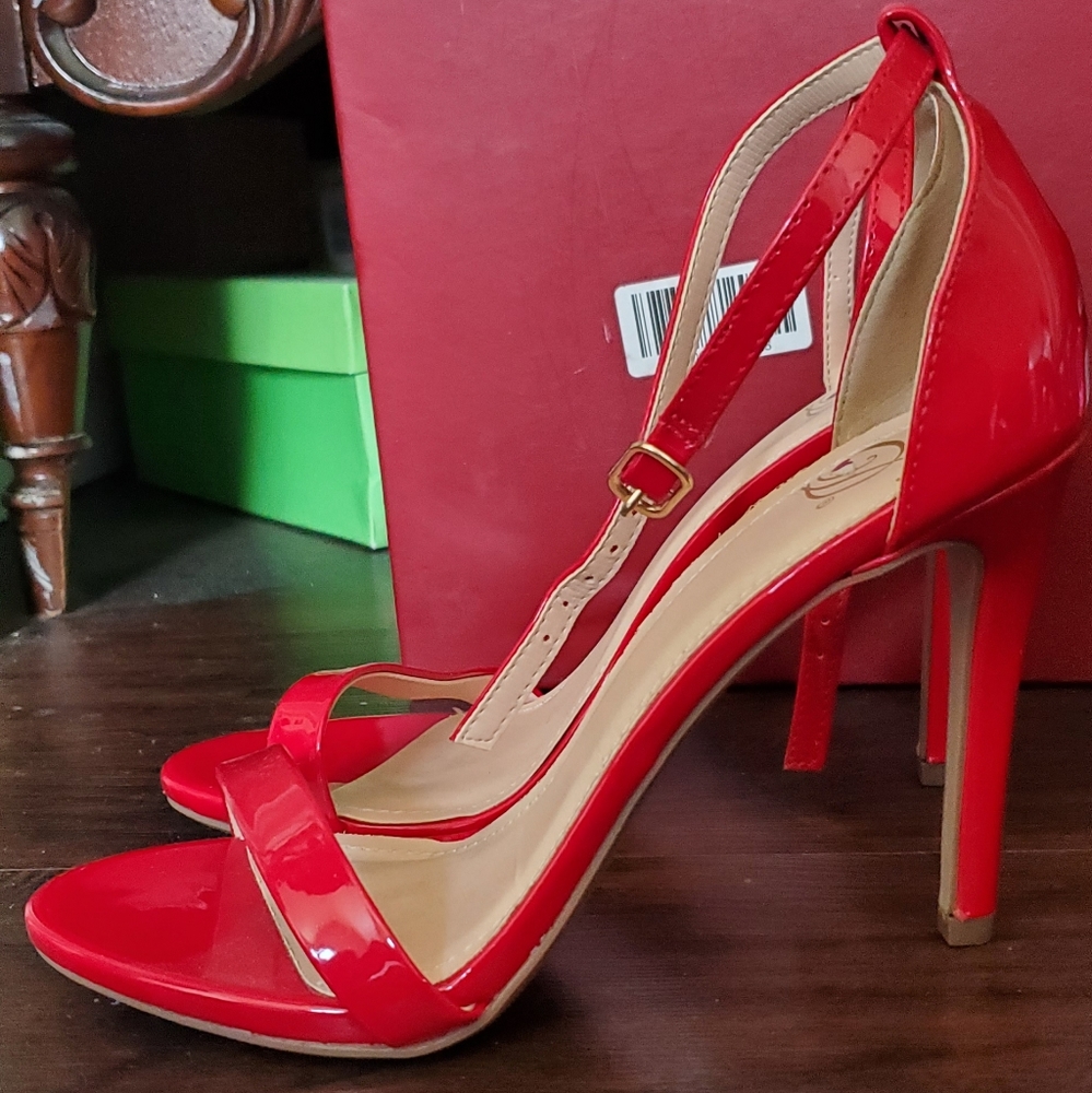 patent red ankle strap heel